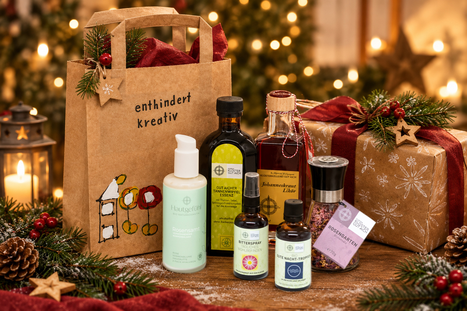 Eine kleine Auswahl handverarbeiteter Produkte aus Kräutern und Pflanzen unserer Gärten: Bio-Naturkosmetik Körperbalsam, Tannenwipfelessenz, Bitterspray, Johanneskrautlikör, Gute-Nacht-Tropfen, Blütensalz aus dem Rosengarten.